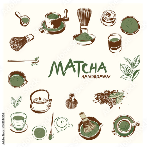 Handdrawn matcha illustration vector set 