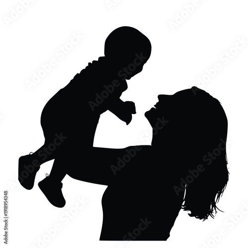 Happy mother tossing her baby in the air with a joyful black silhouette illustration on a white background