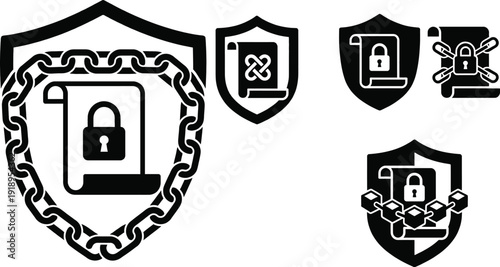 Blockchain smart contract icon with digital shield protection