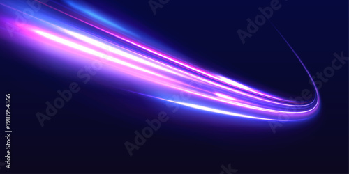 Neon traffic purple, blue wave moves across a black city highway. Laser light line defines motion direction with strong speed energy. Futuristic road trail composition produced in vector.