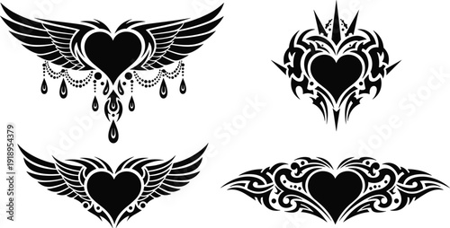 Gothic Tribal Heart Tattoo Set with Ornate Wings, Filigree Details, and Hanging Jewelry Elements for Alternative Fashion, Decals, and Dark Romantic Vector Designs