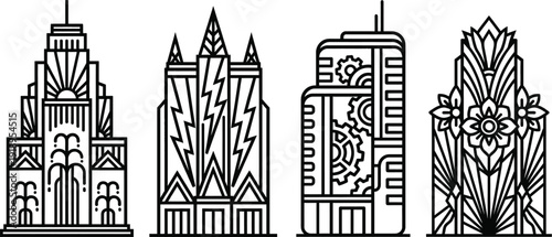 Art deco skyscraper facade line icon vector illustration