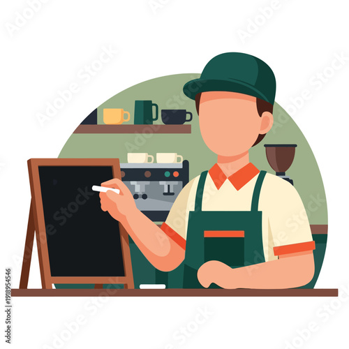 Barista writing coffee shop specials on chalkboard menu for promotions