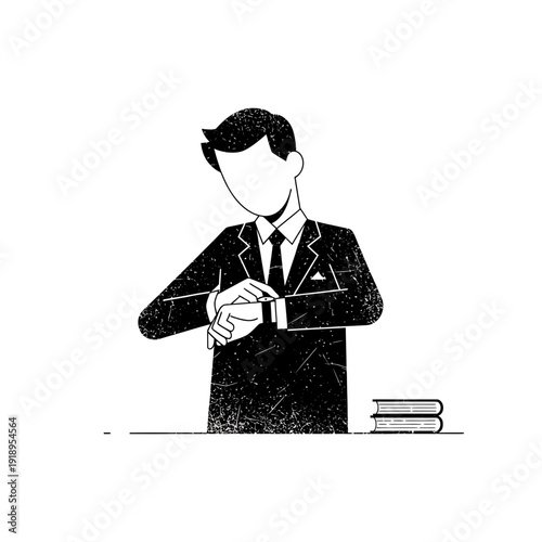 Businessman checking watch, standing by books, business concept