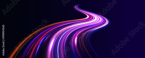 Neon laser lines ripple along a dark city highway. Light purple, blue motion trail shows speed and energy flow as traffic waves follow the road. Futuristic racing track scene rendered in vector.