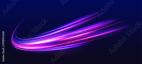 Laser neon wave flows across dark city road. Motion lines trace speed and energy, forming dynamic trails along the highway traffic. Futuristic night race illustration created in vector.