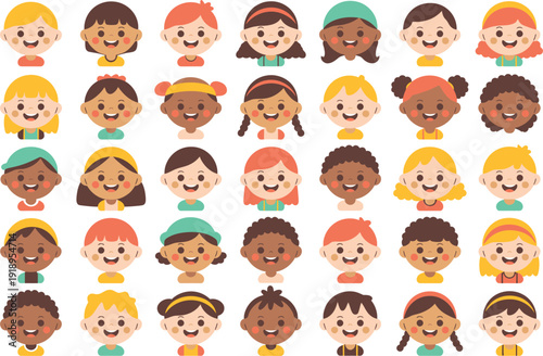 Diverse childrens faces in a flat, colorful illustration for multicultural representation.