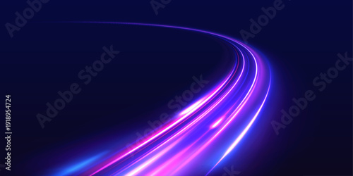 Laser motion purple, blue line crosses a dark futuristic road. Neon energy wave creates speed direction through city night traffic flow. Bright light trail, sport race, electric expressway, vector.