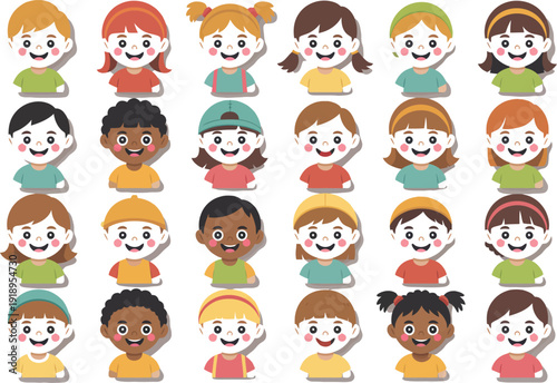 Children diverse cartoon portraits in bright cheerful style with flat design for illustration
