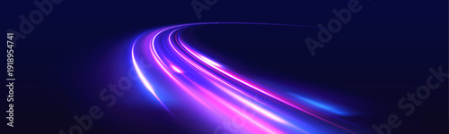 Neon laser lines ripple along a dark city highway. Light purple, blue motion trail shows speed and energy flow as traffic waves follow the road. Futuristic racing track scene rendered in vector.