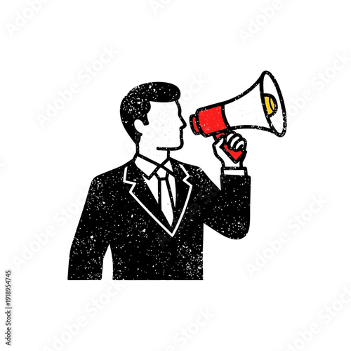 Businessman shouting in a megaphone, announcing news, retro style