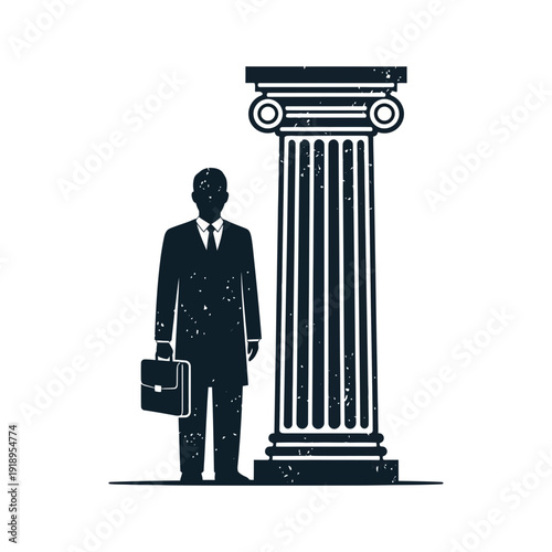 Businessman standing next to classical column, symbol of law, justice, strength