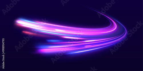 Neon purple, blue light lines twist along a dark city highway. Motion trails ripple across the road, showing speed and flowing energy. Futuristic night traffic scene illustrated in vector.