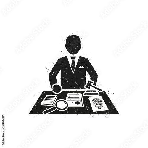 Legal professional with documents, magnifying glass, gavel, and fingerprint icon