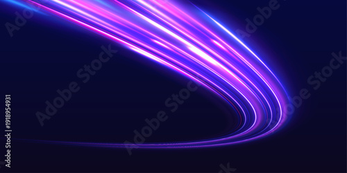 Futuristic highway shines with neon purple, blue light on dark background. Laser energy trail marks motion path with intense speed direction. City traffic wave, electric line, vector illustration.