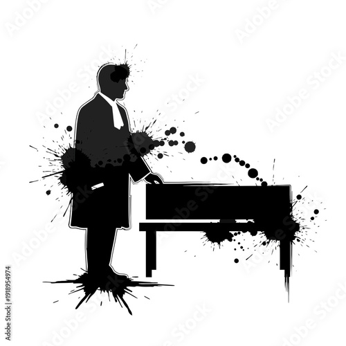 Silhouette of a judge or lawyer in courtroom with ink splatters
