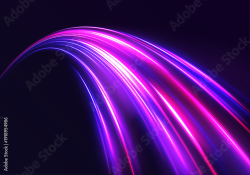Neon traffic purple, blue wave moves across a black city highway. Laser light line defines motion direction with strong speed energy. Futuristic road trail composition produced in vector.
