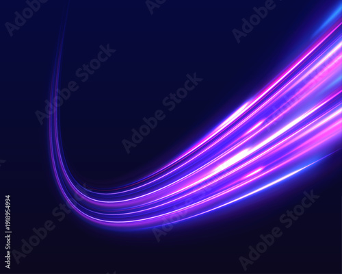 Neon laser wave flows along dark city road. Light motion purple, blue trail shows speed direction with strong traffic energy. Futuristic highway composition rendered in vector.
