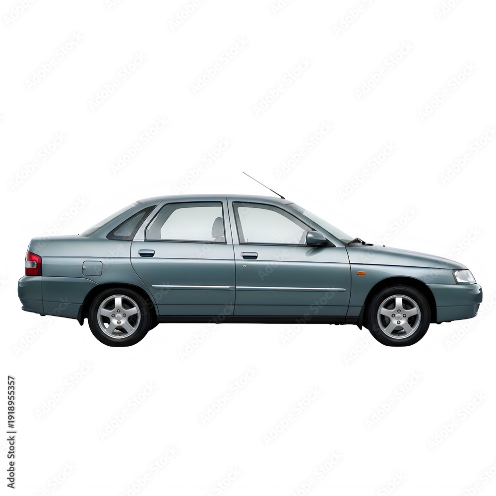 Obraz premium Silver sedan car side view parked isolated on transparent background