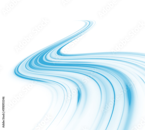 Neon laser blue speed line move across city highway road. Light wave forms motion, futuristic energy trail, guiding traffic flow with glowing direction. PNG vector. Strong wind created whirlwind.
