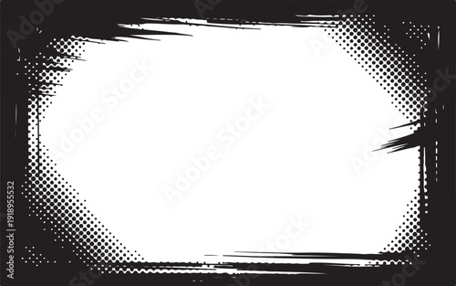 A rugged black hexagonal border featuring halftone dots and scratched textures framing a clear white space