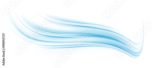 Neon laser blue line streak, city road, highway traffic. Light motion forms futuristic energy trail, speed with glowing wave. Strong wind, whirlwind. Flow cool liquid water. Vector png illustration. 