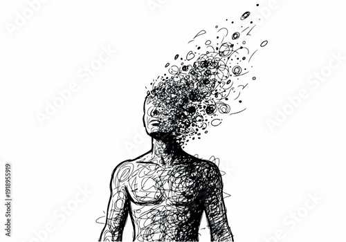 Abstract illustration of a person's head dissolving into a cloud of particles, symbolizing a breakdown of thought or a moment of intense realization