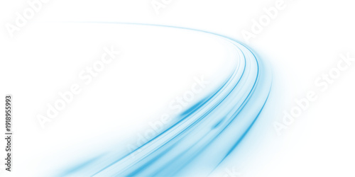 Neon laser motion line along city road, highway traffic. Winter air is very cold, liquid water. Blue light trail forms futuristic energy, speed in smooth flowing wave. Vector png illustration. 