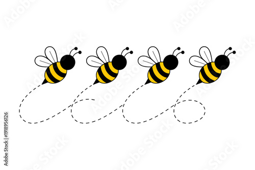 Flying Bees Buzzing Around: Animated Honey Bees on a White Background, Following Dotted Trails Illustrating a Bee Swarm in a Fun Whimsical Style for Children's Illustration or Nature-Themed Designs (V