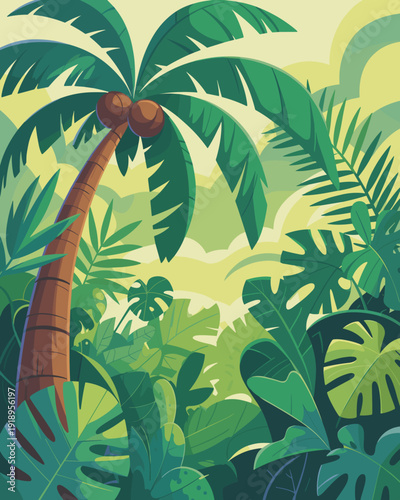 Vibrant Tropical Jungle Landscape Illustration: Paradise Escape with Lush Greenery, Exotic Plants, and Sunny Backdrop – Ideal for Travel, Adventure, Nature, Ecotourism Designs; Cartoon Style, Perfect
