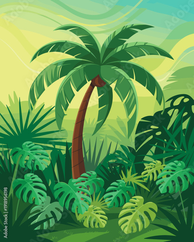 Lush Jungle Paradise: Palm Tree Oasis in Exotic Rainforest Setting, Tropical Greenery Design, Vector Illustration for Adventure, Ecotourism and Summer Travel Promotion, Vibrant Foliage, Cartoon Style,