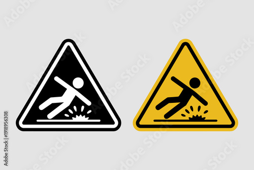 Cautionary Slippery Surface Warning Signage: Risk of Falling Accident Hazard in Workplace Safety Environment, Workplace Regulation, Personal Injury Prevention, Public Awareness, Minimalist Icons Style