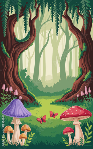 Enchanted Forest Glade Illustration with Mushrooms, Butterflies and Dreamy Atmosphere, Perfect for Children's Books, Fantasy Games, Magical Environments and Nature-Themed Designs, Cartoon Style, Peace