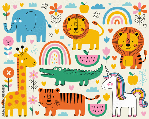 Whimsical Animal Friends Pattern: Cheerful Elephant, Lion, Giraffe, Unicorn, Tiger, Alligator Playtime in a Colorful Garden, Ideal for Children's Illustration, Nursery Decor, Scrapbooking, and Playful