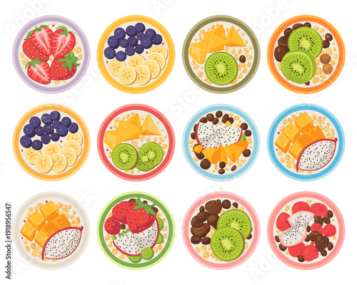 Healthy Breakfast Bowls Illustration: Colorful Bowls with Fresh Fruit Toppings for Yummy Morning Meal at Home, Breakfast Cereal, Oatmeal Porridge, Granola Power, Vegan Diet Concept, Cartoon Style, Top