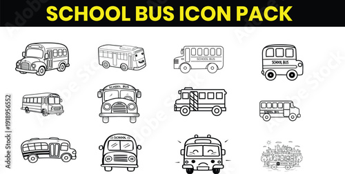 School Bus Icon Pack – Outline Linear Vector Set for Coloring, Editable Stroke