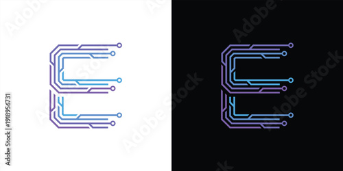 The letter 'E' logo is formed from digital circuit lines on a white or black background. It represents electronics, engineering, energy, efficiency, and the digital age.