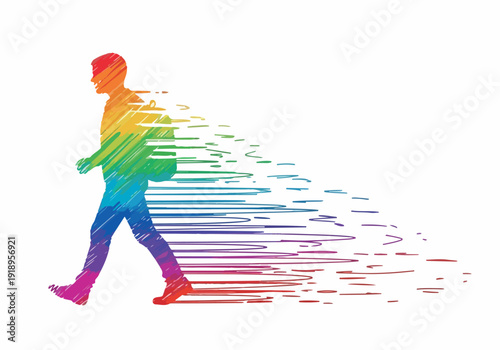 Silhouette of a person walking with a vibrant rainbow trail dissolving into particles, symbolizing progress and transformation
