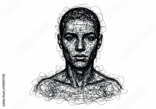 Detailed ink sketch portrait of a young man's face, highlighting his intense gaze and textured skin with expressive, abstract line work