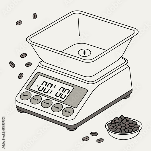 Precise Digital Scale for Coffee Beans Measurement, Essential for Brewing Perfect Coffee at Home or in a Cafe, Line Art Illustration