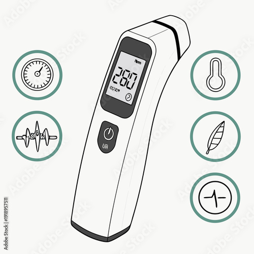 Versatile Infrared Thermometer with Health Monitoring Icons, Illustrating Precision for Medical Diagnostics, Body Temperature, and Vital Signs Checking