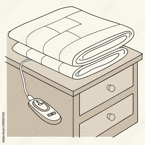 Illustration of a folded electric blanket with a remote control resting on a wooden nightstand with drawers, signifying comfort and bedroom furniture.