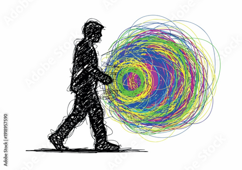 Man walking towards a swirling vortex of colorful abstract lines, representing imagination, creativity, and the unknown