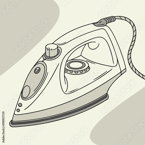 Minimalist Line Art Illustration of a Steam Iron with Gray Accents on a Soft Cream Background, Domestic Appliance for Wrinkle-Free Clothing and Fabric Care