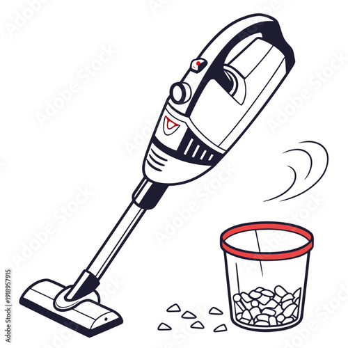 Vector illustration of a modern handheld vacuum cleaner with a dustbin and debris, symbolizing efficient cleaning and tidiness.