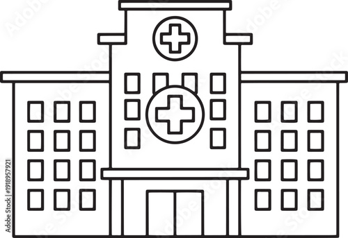 Modern hospital building exterior with a prominent medical cross symbol, representing healthcare and emergency services. Vector illustration.
