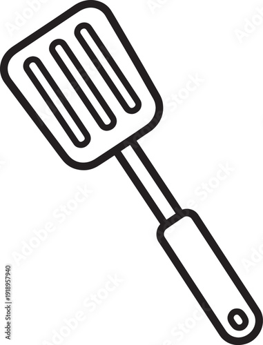 Single, clean stainless steel kitchen spatula utensil with a hole in the handle for hanging. Vector illustration.