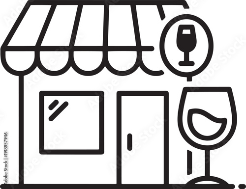 Charming restaurant storefront with a welcoming awning and an elegant wine glass symbol, inviting patrons for a delightful dining experience. Vector art.
