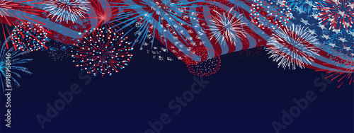 4th of July background, USA flag, fireworks and copy space