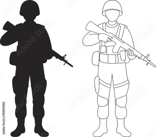 Soldier silhouette and detailed line drawing vector illustration set, military tactical gear artwork, educational graphics, and combat motifs